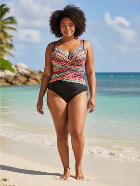 Miraclesuit Multi-Stripe Deep V Underwire Ruched One-Piece Tummy Control Swim 6